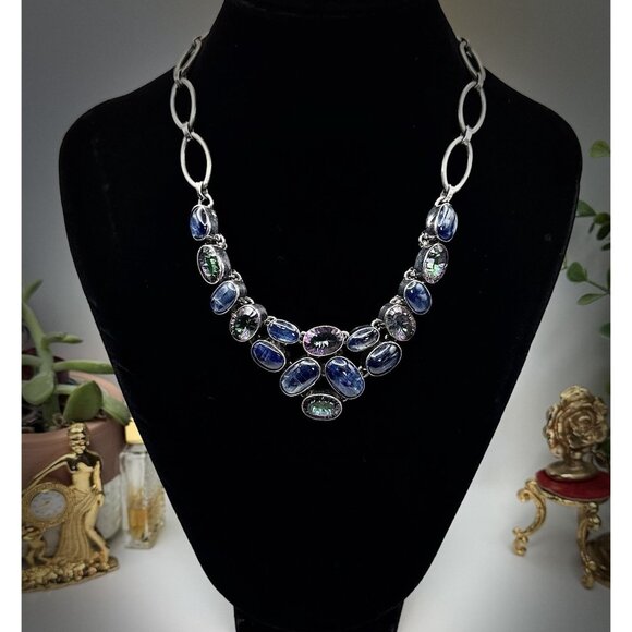 Sterling Silver Statement Labradorite Bib Necklace W/Blue Topaz By Silver Rush - Picture 2 of 10